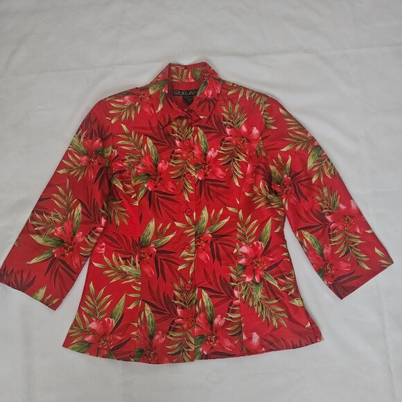 Silkland 100% Pure Silk Red Floral Print Button Front 3/4 Sleeve Blouse Size 10 - Picture 4 of 12